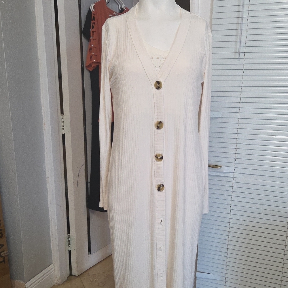 J for Justify Cream Long Sleeve Button Dress Large Sz [1113]